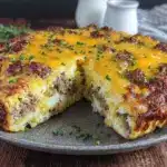 overnight breakfast casserole with sausage and hash browns - featured image