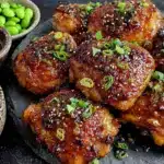 sticky slow cooker honey garlic chicken thighs - featured image