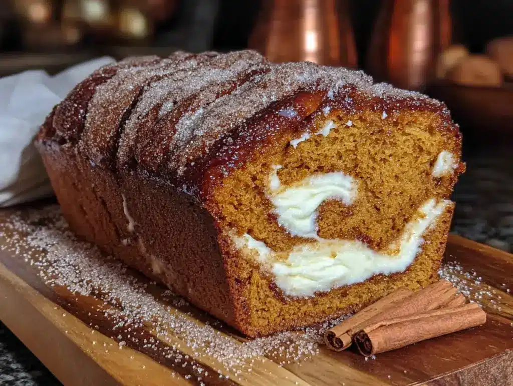 cinnamon sugar pumpkin bread with cream cheese swirl - featured image