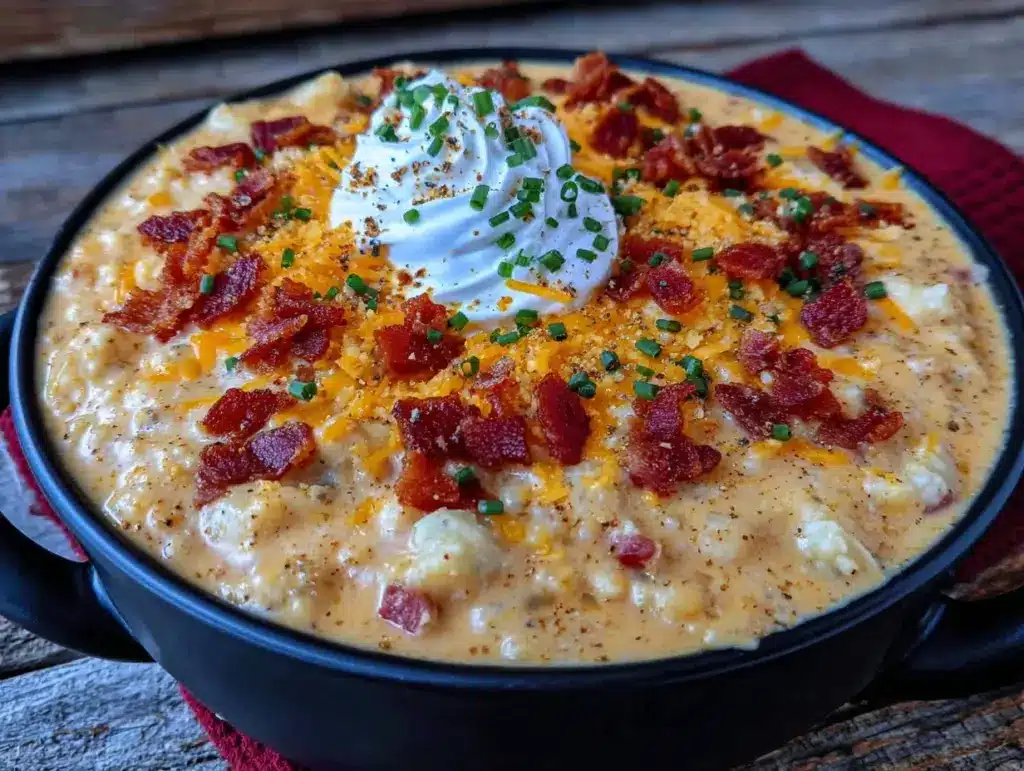 creamy crockpot loaded potato soup for a crowd - featured image
