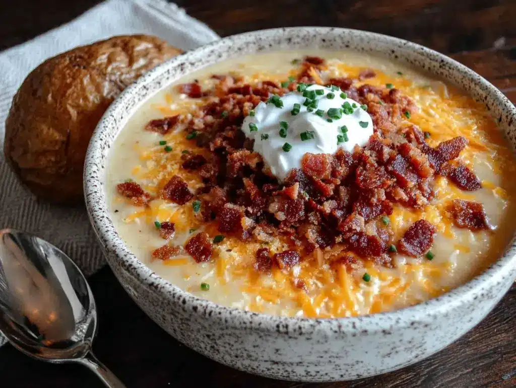 creamy loaded baked potato soup with bacon - featured image
