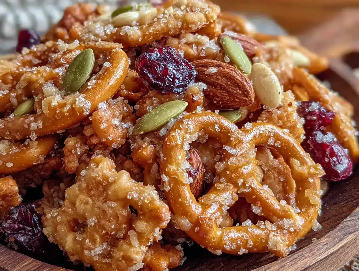 easy fall snack mix with pretzels and pumpkin seeds preparation steps