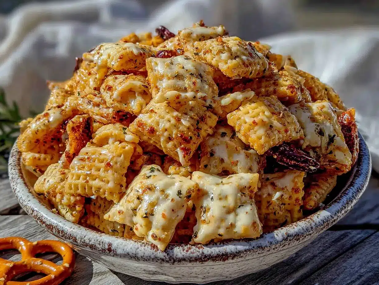 Easy Savory Chex Mix with Ranch and Old Bay preparation steps