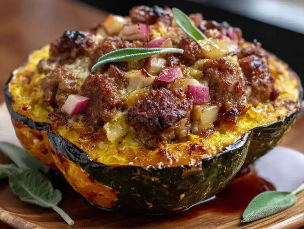 stuffed acorn squash with sausage and apple - featured image